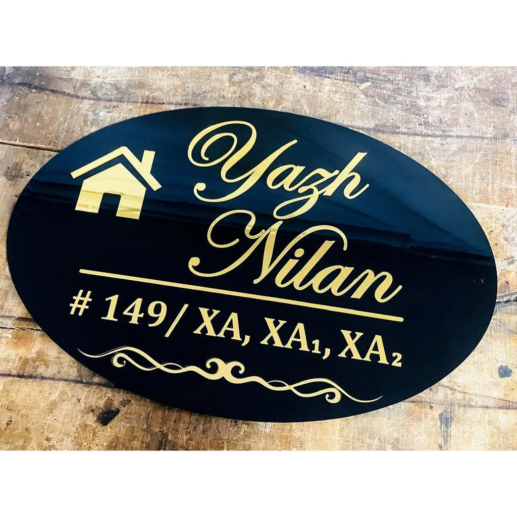 Black & Gold Acrylic Oval Name Plate for Home - Harshita Craft