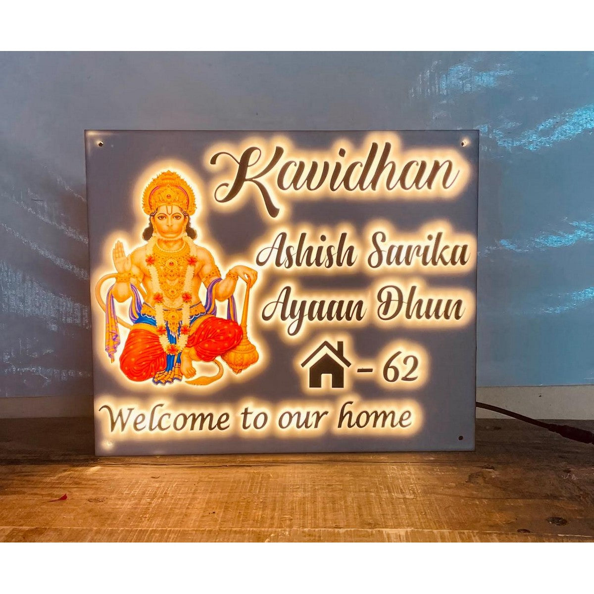 Acrylic Customisable Hanuman Design LED House Name Plate – Waterproof Acrylic Name Plate for Home - Harshita Craft
