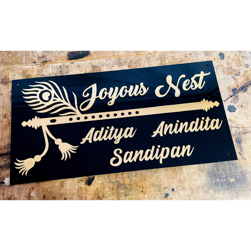 Black & Gold Acrylic Bansuri Design Name Plate | Fancy Acrylic Name Plate for Home - Harshita Craft