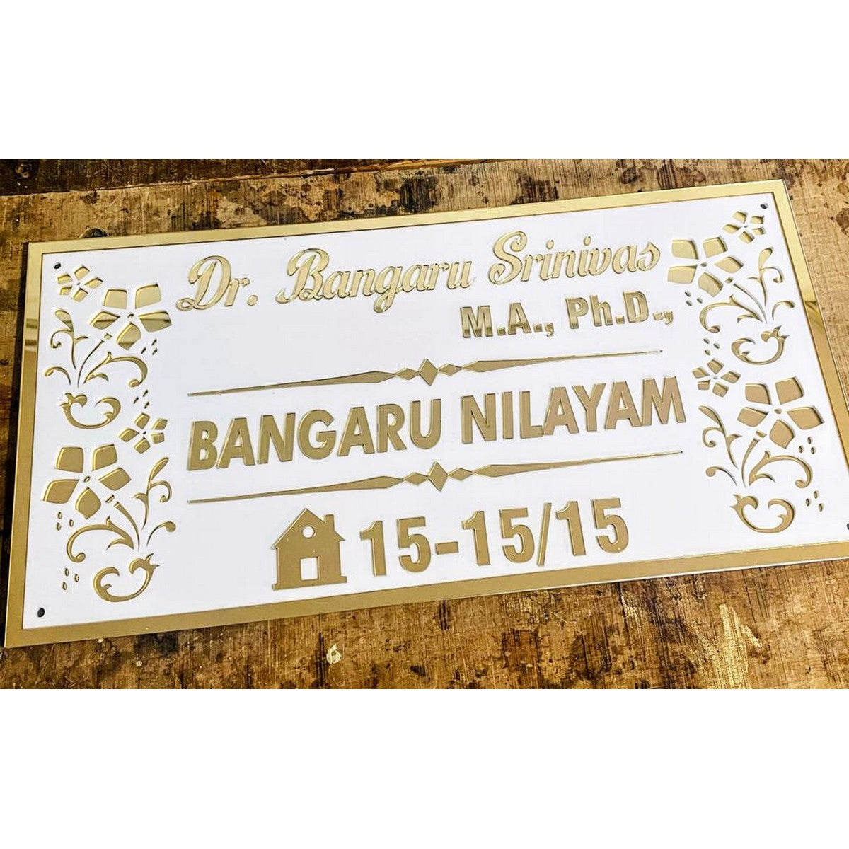 Golden Acrylic Name Plate Design for Home Wall