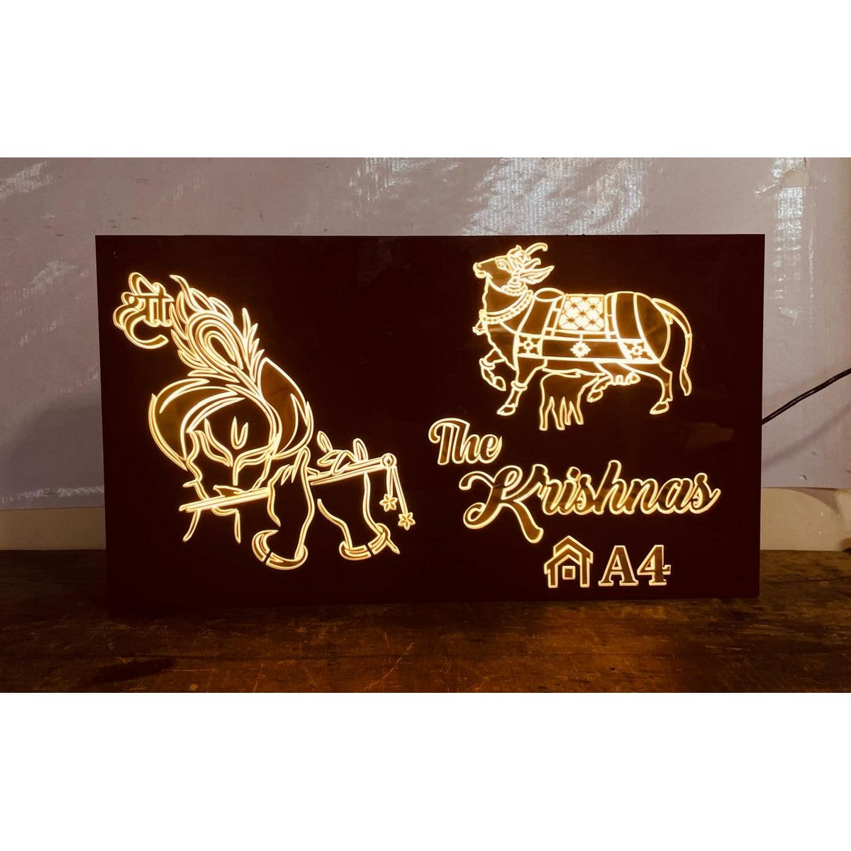 Brown Texture Acrylic Name Plate with Golden Embossed Letters & LED for Home