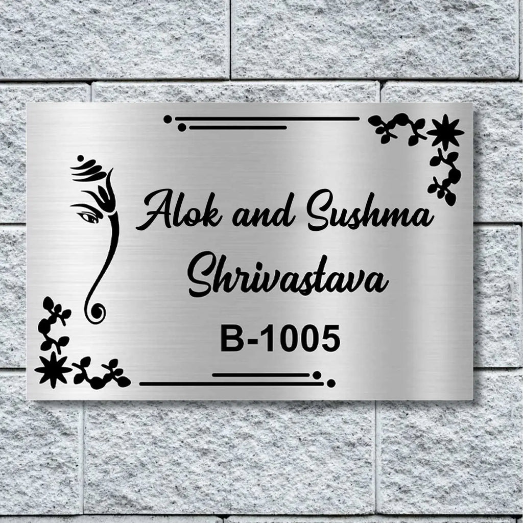 Personalized Ganesha Theme Metal Name Plate for Home | Stainless Steel Design - Harshita Craft