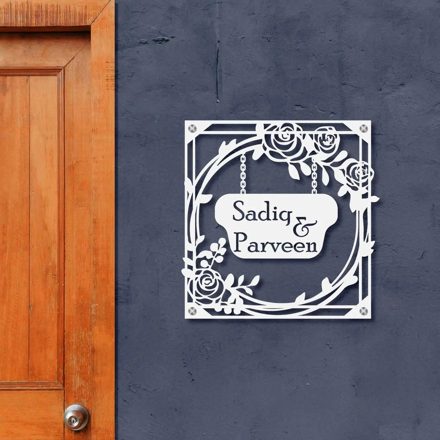 Personalized Metal Name Plate for Home – Rose Theme Steel Design - Harshita Craft