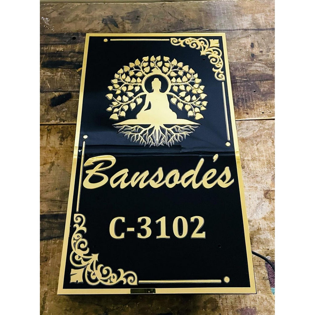 Black & Golden LED Acrylic Name Plate for Home – 3D Embossed Letters House Name Plate - Harshita Craft