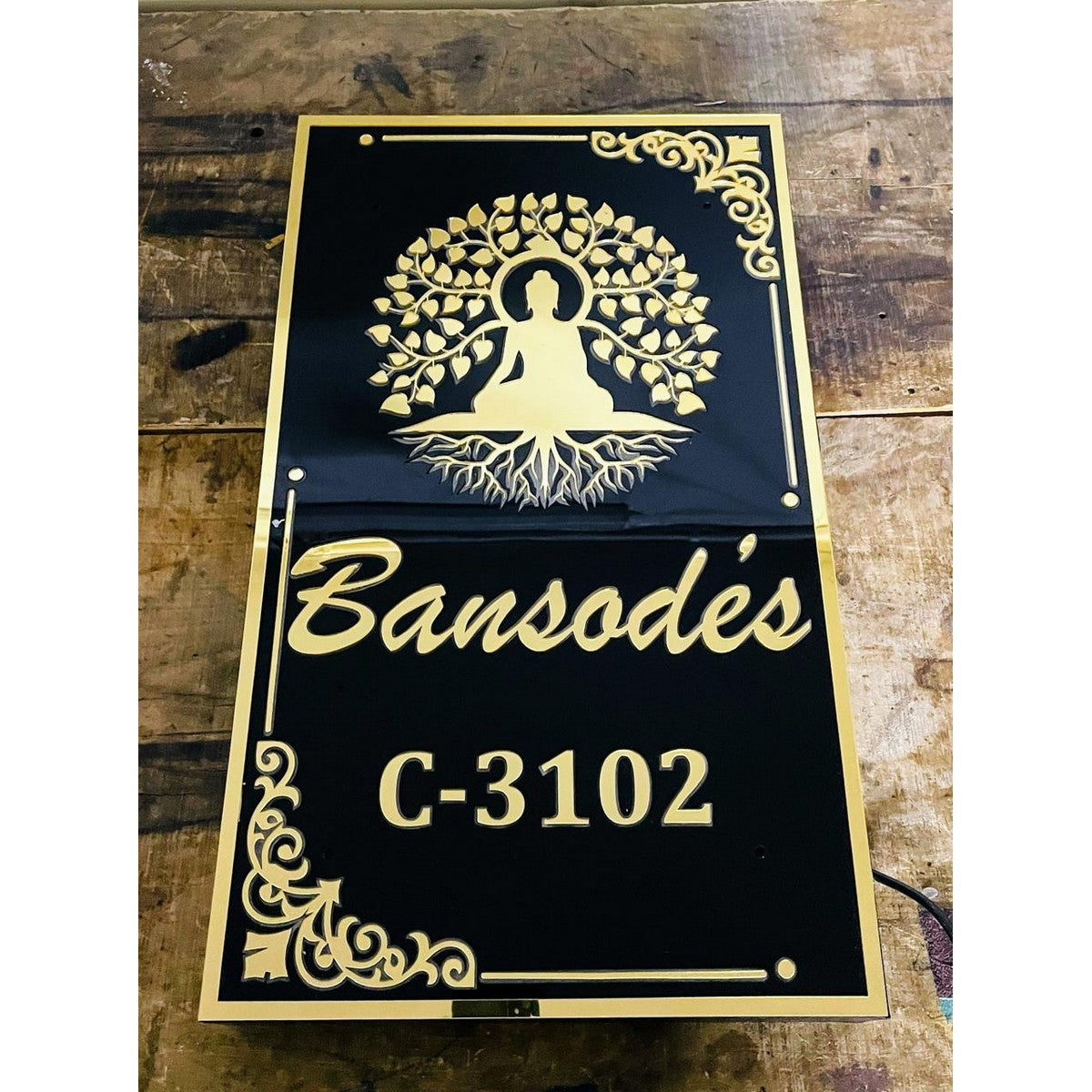 Black & Golden LED Acrylic Name Plate for Home – 3D Embossed Letters House Name Plate - Harshita Craft