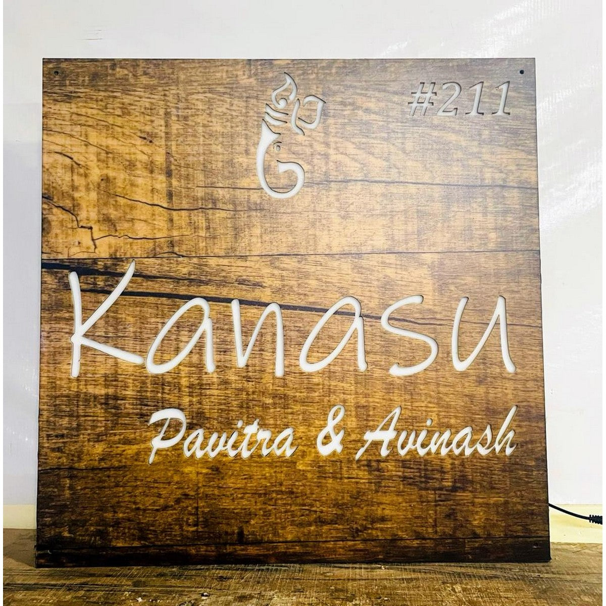 Wooden Texture Acrylic LED Name Plate for Home