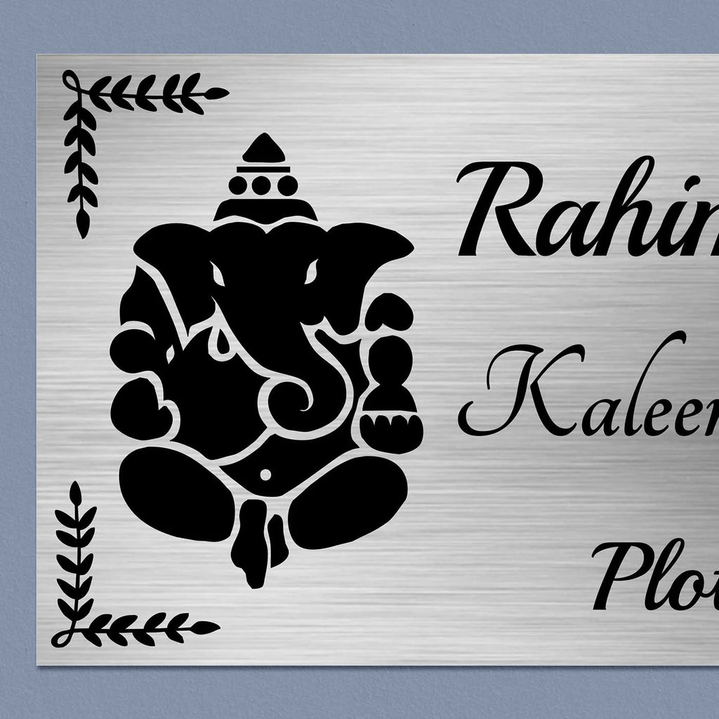 Personalized Ganesha Theme Stainless Steel Metal Name Plate for Home - Harshita Craft