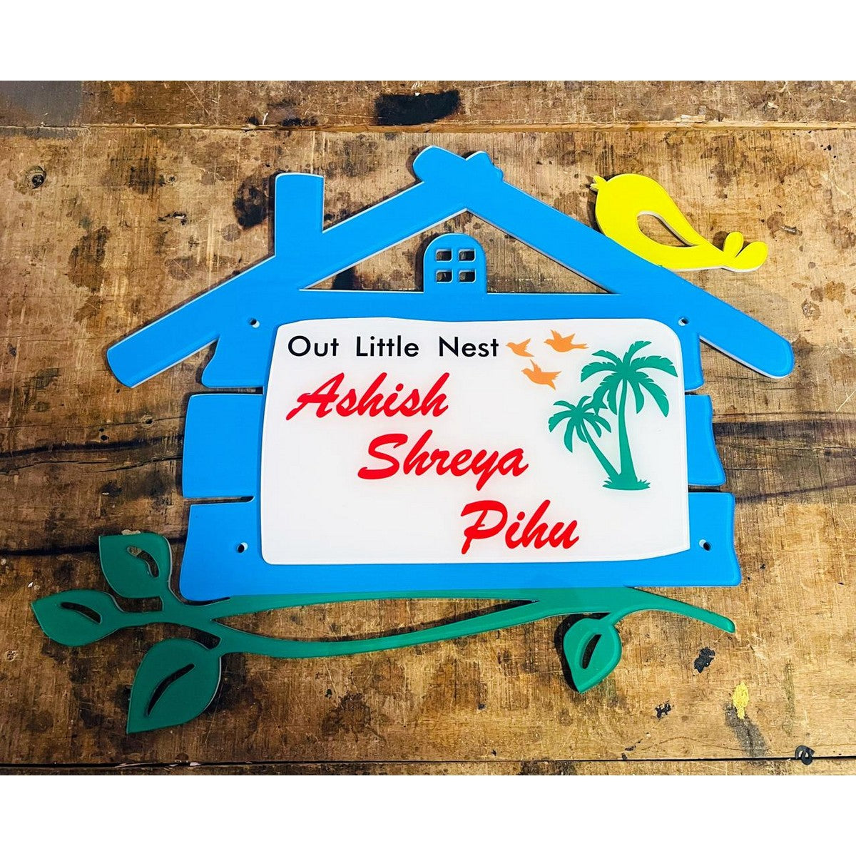 Multicolor UV Printed Hut Shape Acrylic Name Plate for Home – Custom Acrylic Name Plate Design - Harshita Craft