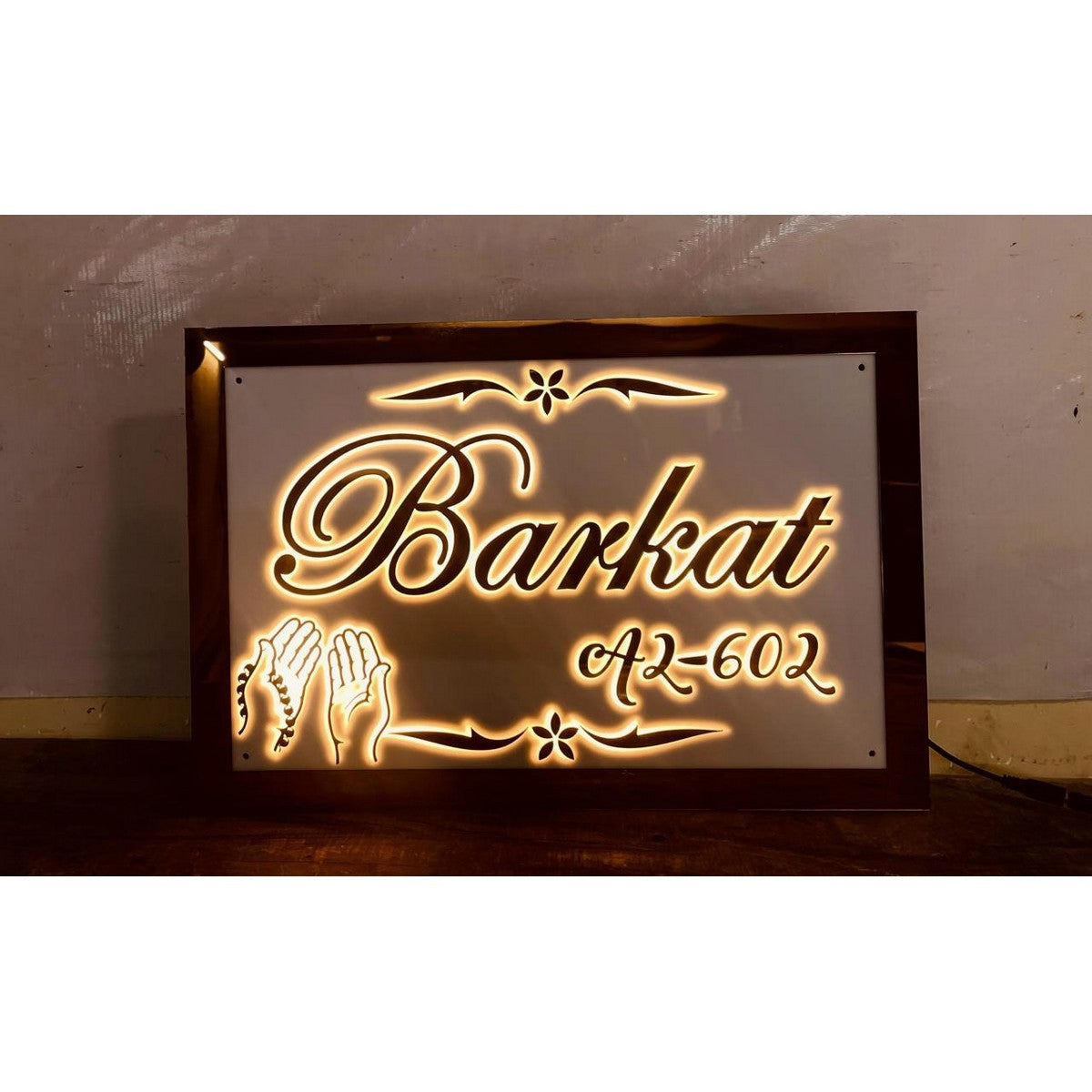 Rose Gold Embossed Letters Acrylic LED Home Name Plate - Harshita Craft