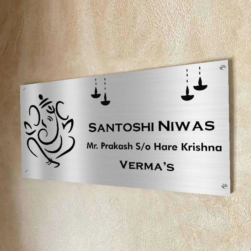 Personalized Ganesha & Diya Stainless Steel Metal Name Plate for Home | Custom Laser-Cut Design - Harshita Craft