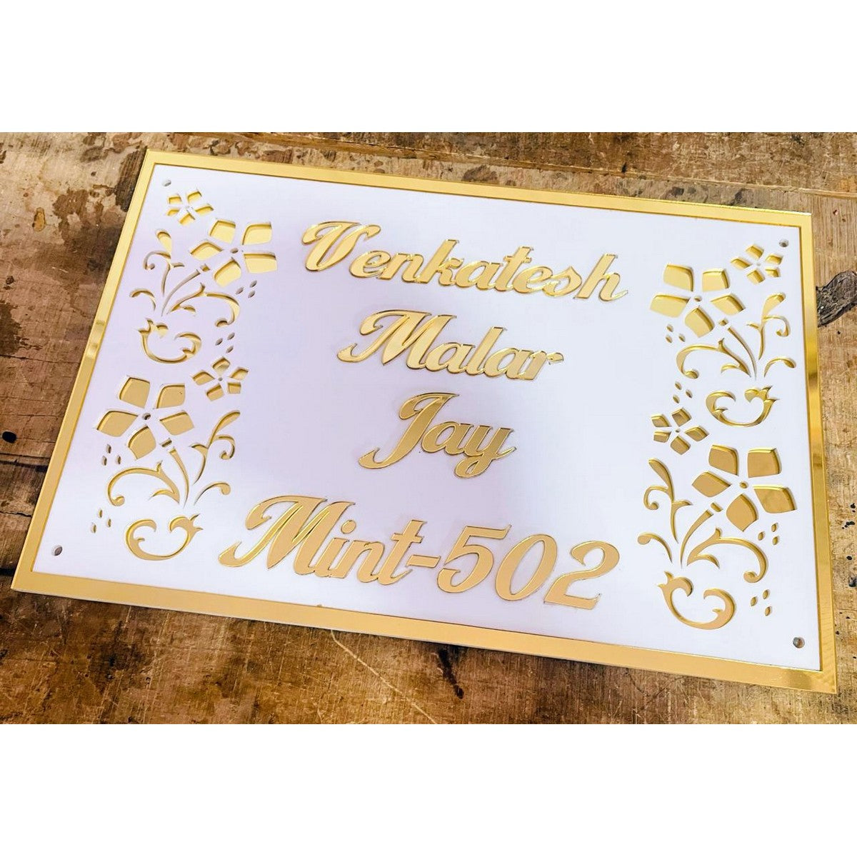 Custom Acrylic Laser Cut Name Plate for Home – Golden Embossed Design - Harshita Craft