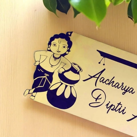 Personalized Metal Name Plate for Home – Krishna Theme Stainless Steel