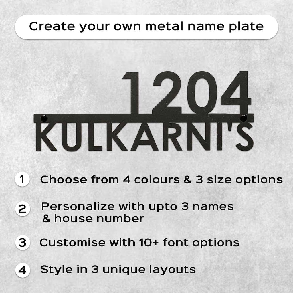 Personalized Metal Name Plate for Home – Modern Weatherproof Steel Name Plate with House Number - Harshita Craft