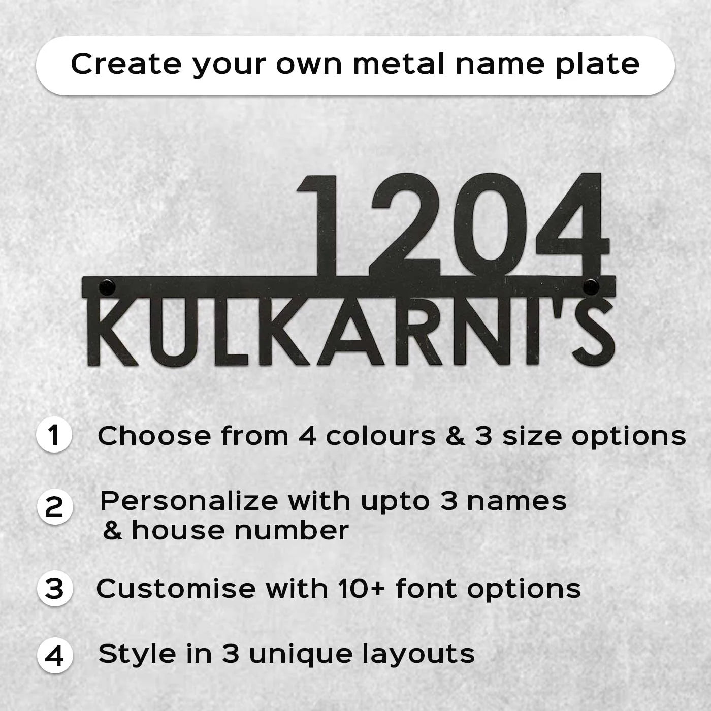 Personalized Metal Name Plate for Home – Modern Weatherproof Steel Name Plate with House Number - Harshita Craft