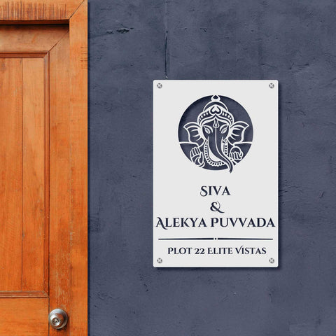 Personalized Laser Cut Ganesha Theme Metal Name Plate for Home – Vertical Steel Name Plate for Entrance & Outdoor