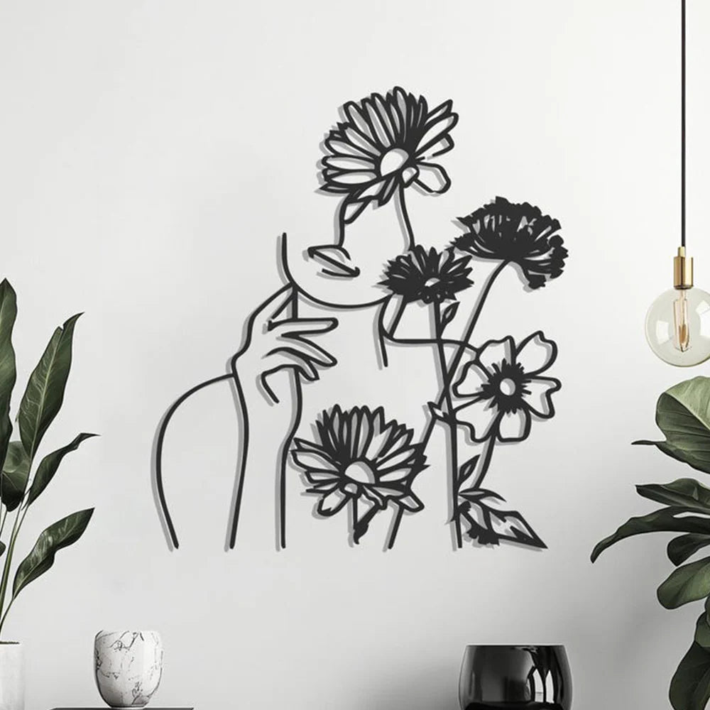 Flower Women Minimalist Line Metal Wall Art