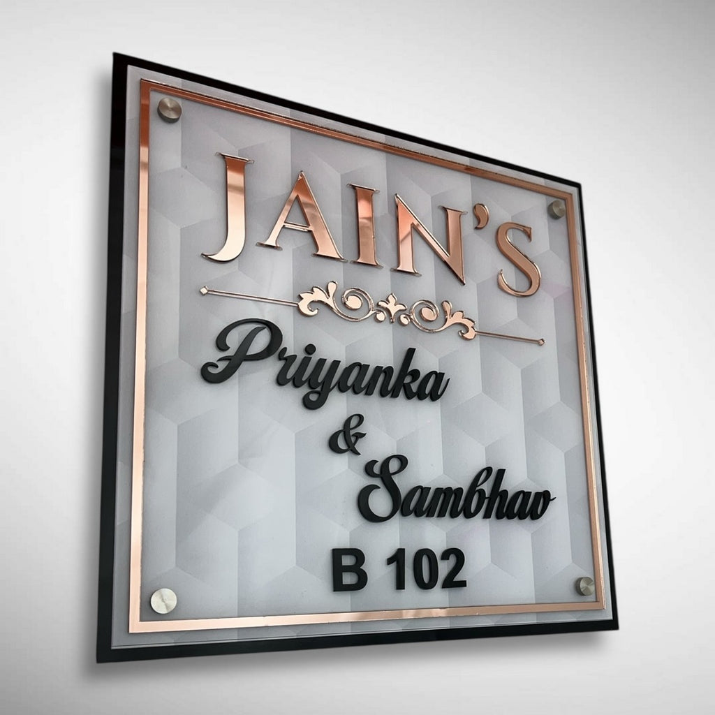White 3D Geometric Acrylic Name Plate with ACP Base - Harshita Craft