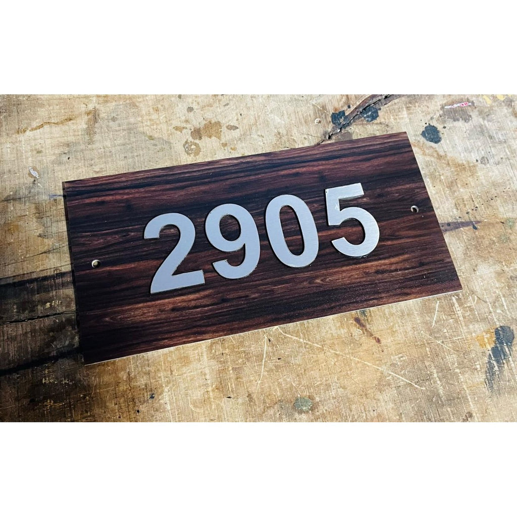 Stainless Steel Embossed Letters Wooden Texture Acrylic Name Plate for Home - Harshita Craft