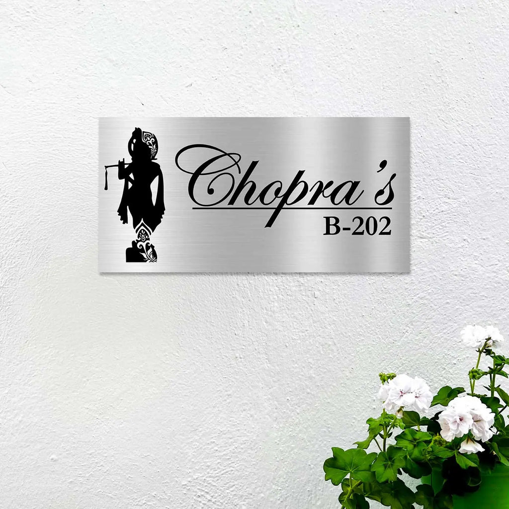 Personalized Lord Krishna Stainless Steel Metal Name Plate for Home - Harshita Craft