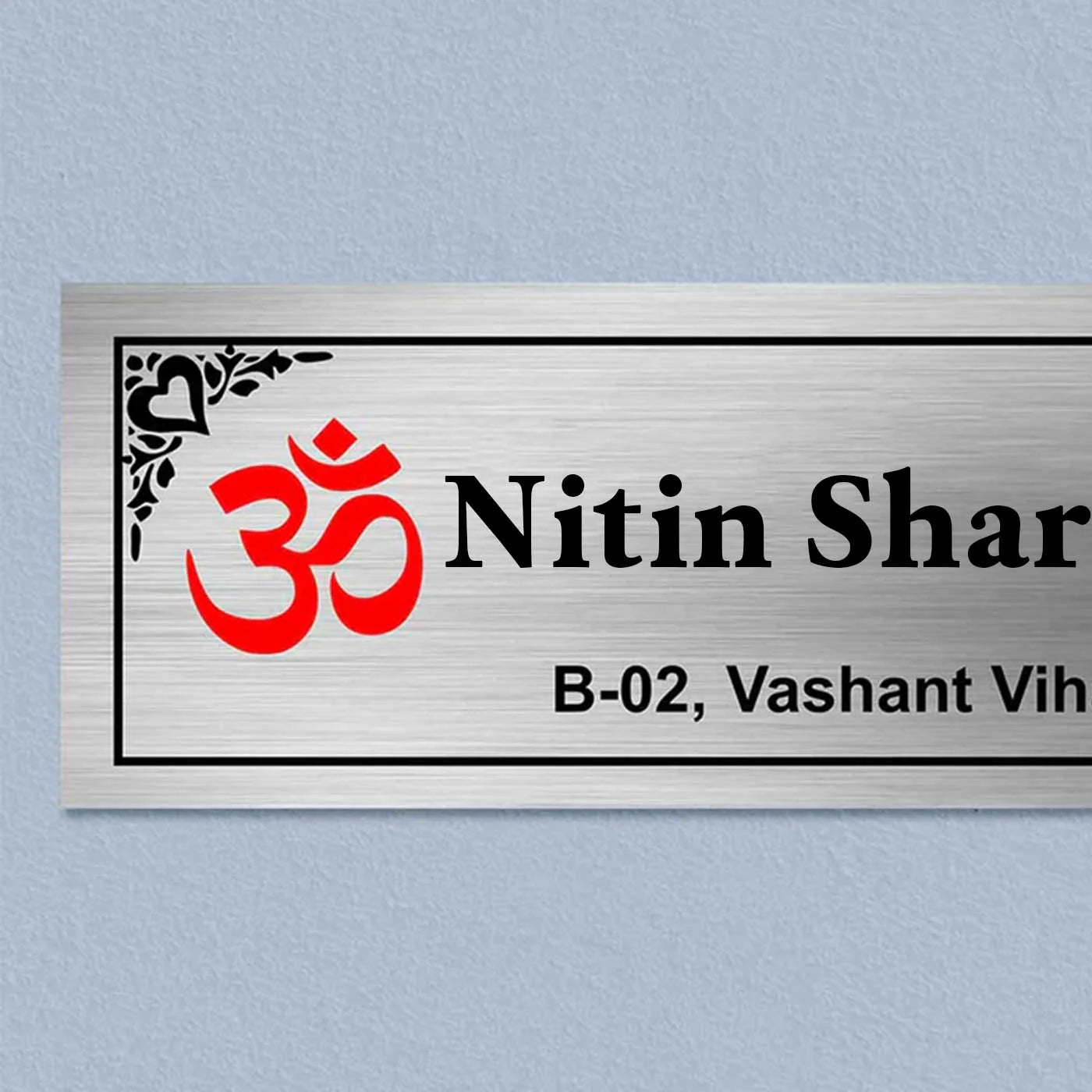 Personalized Om & Swastik Stainless Steel Metal Name Plate for Home Entrance - Harshita Craft
