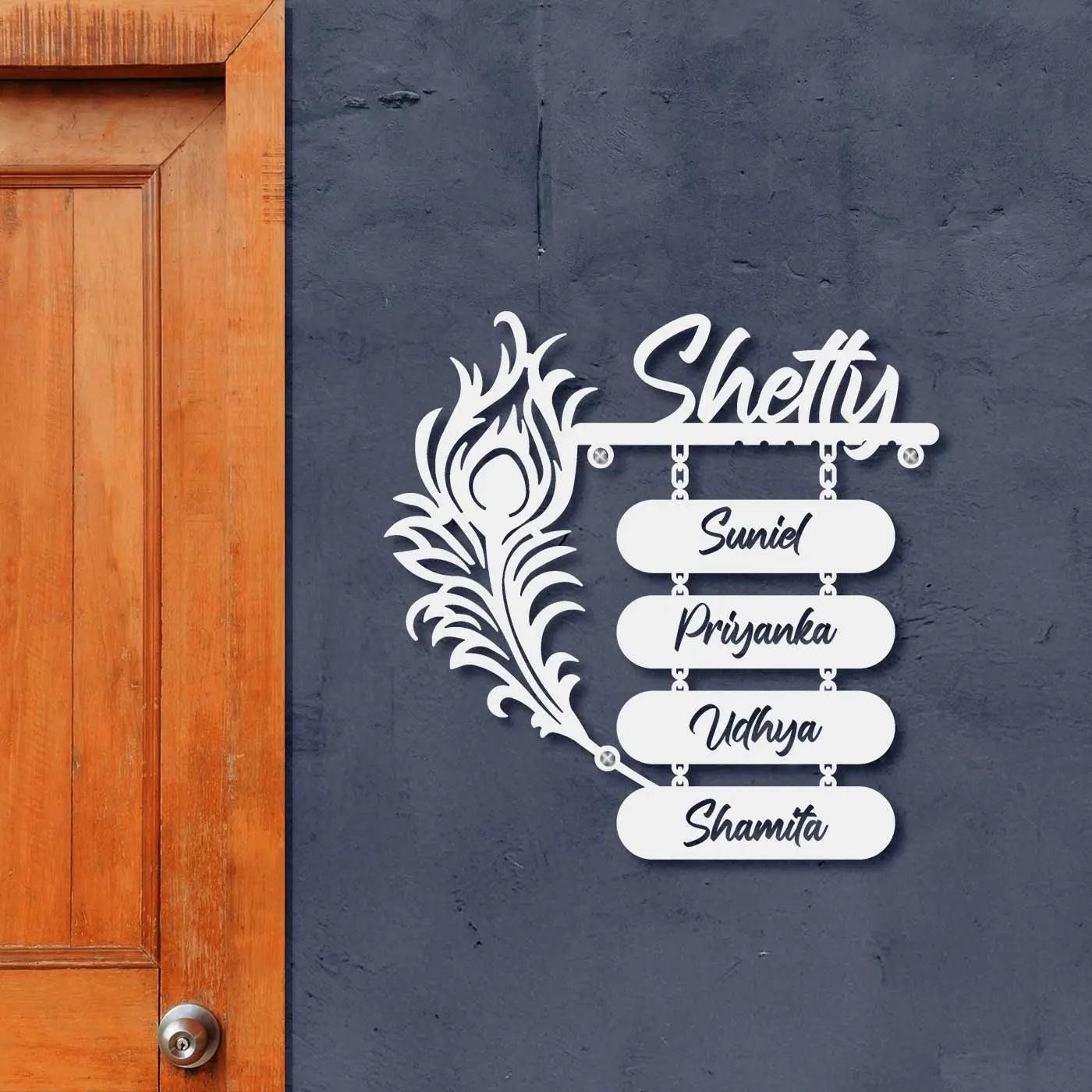 Personalized Laser Cut Peacock Feather Metal Name Plate for Home – Mild Steel - Harshita Craft