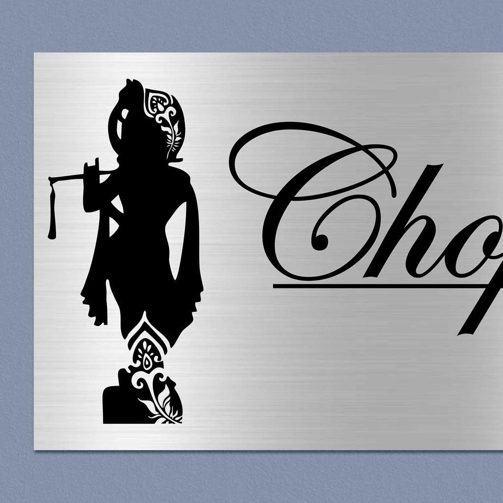 Personalized Lord Krishna Stainless Steel Metal Name Plate for Home - Harshita Craft