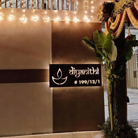 Personalized Waterproof Diya Design Laser Cut Metal LED Name Plate for Home Entrance