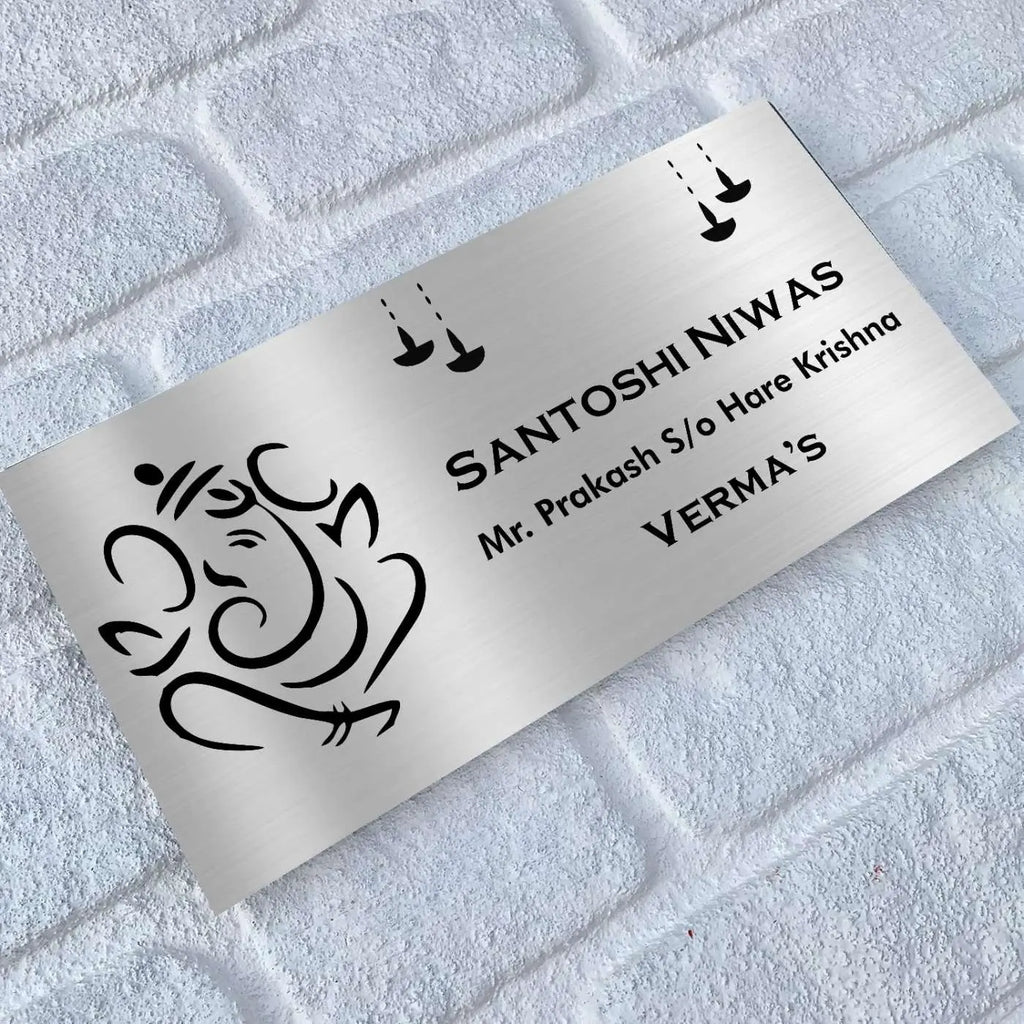 Personalized Ganesha & Diya Stainless Steel Metal Name Plate for Home | Custom Laser-Cut Design - Harshita Craft