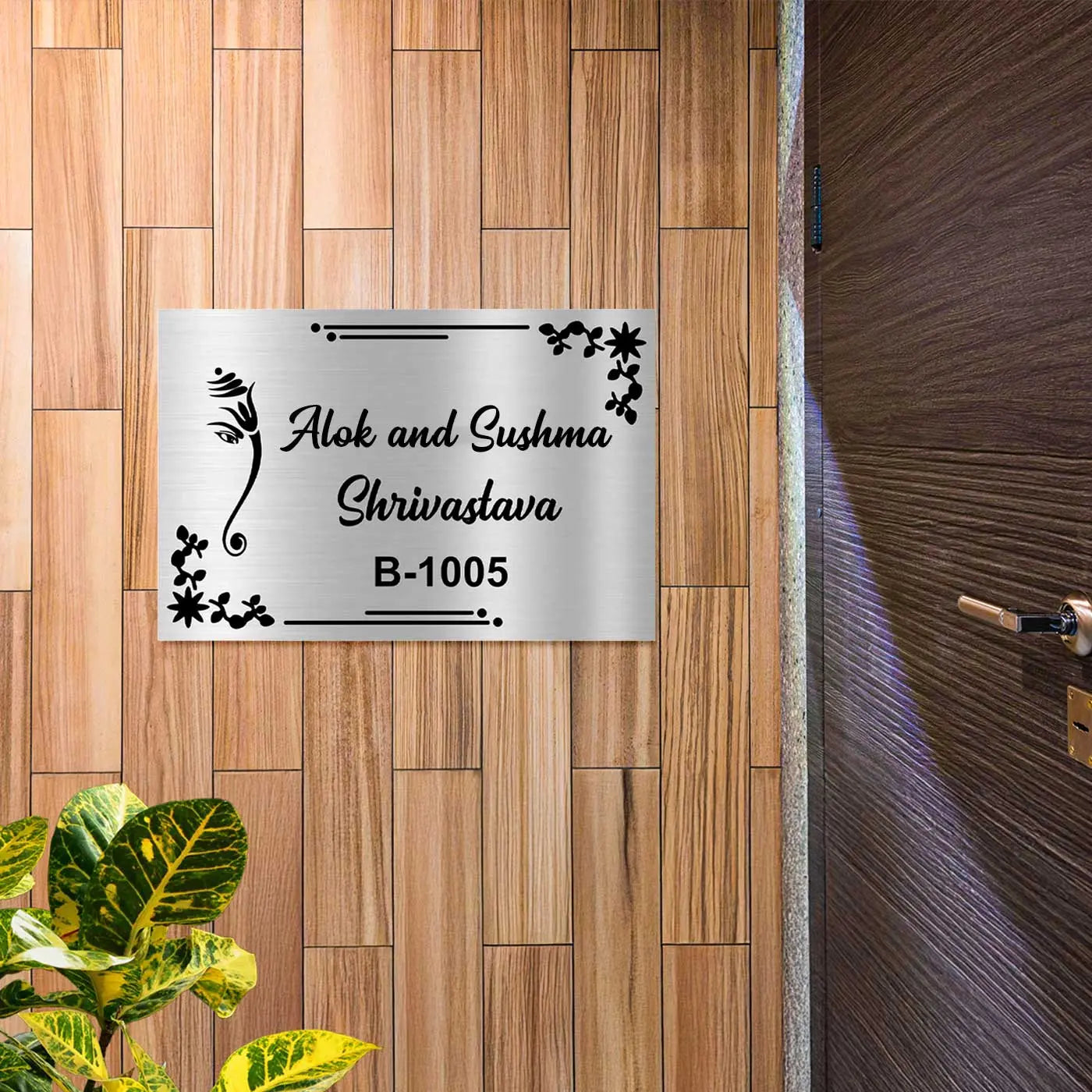 Personalized Ganesha Theme Metal Name Plate for Home | Stainless Steel Design - Harshita Craft