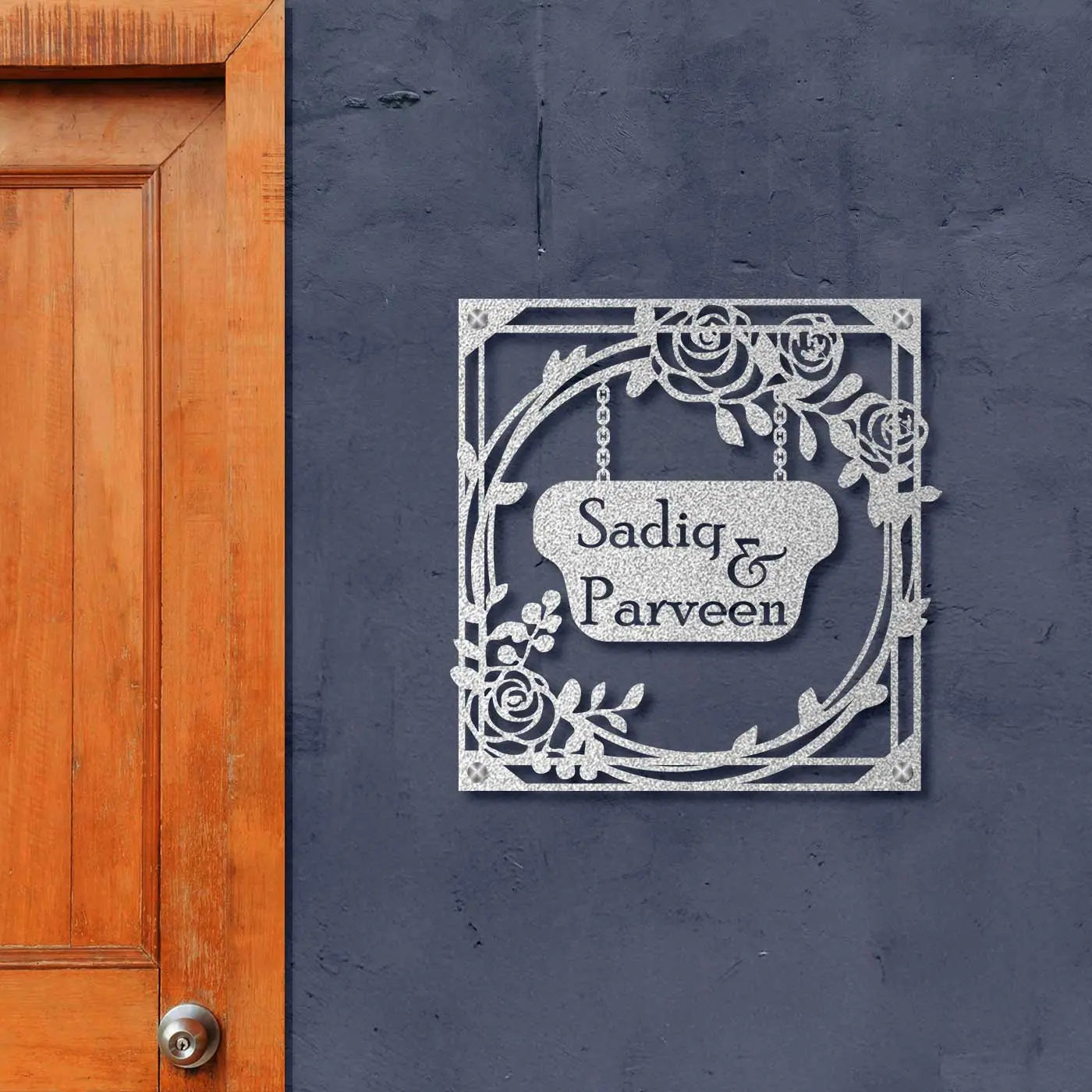 Personalized Metal Name Plate for Home – Rose Theme Steel Design - Harshita Craft