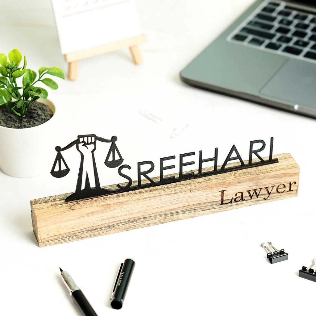 Personalized Minimal Desk Metal Name Plate for Lawyers – Premium Office Nameplate - Harshita Craft
