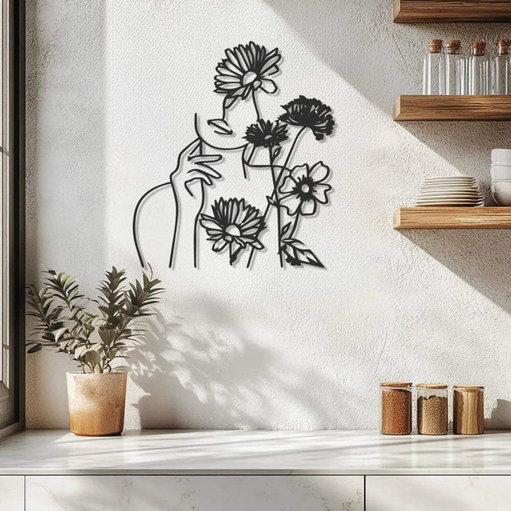Flower Women Minimalist Line Metal Wall Art