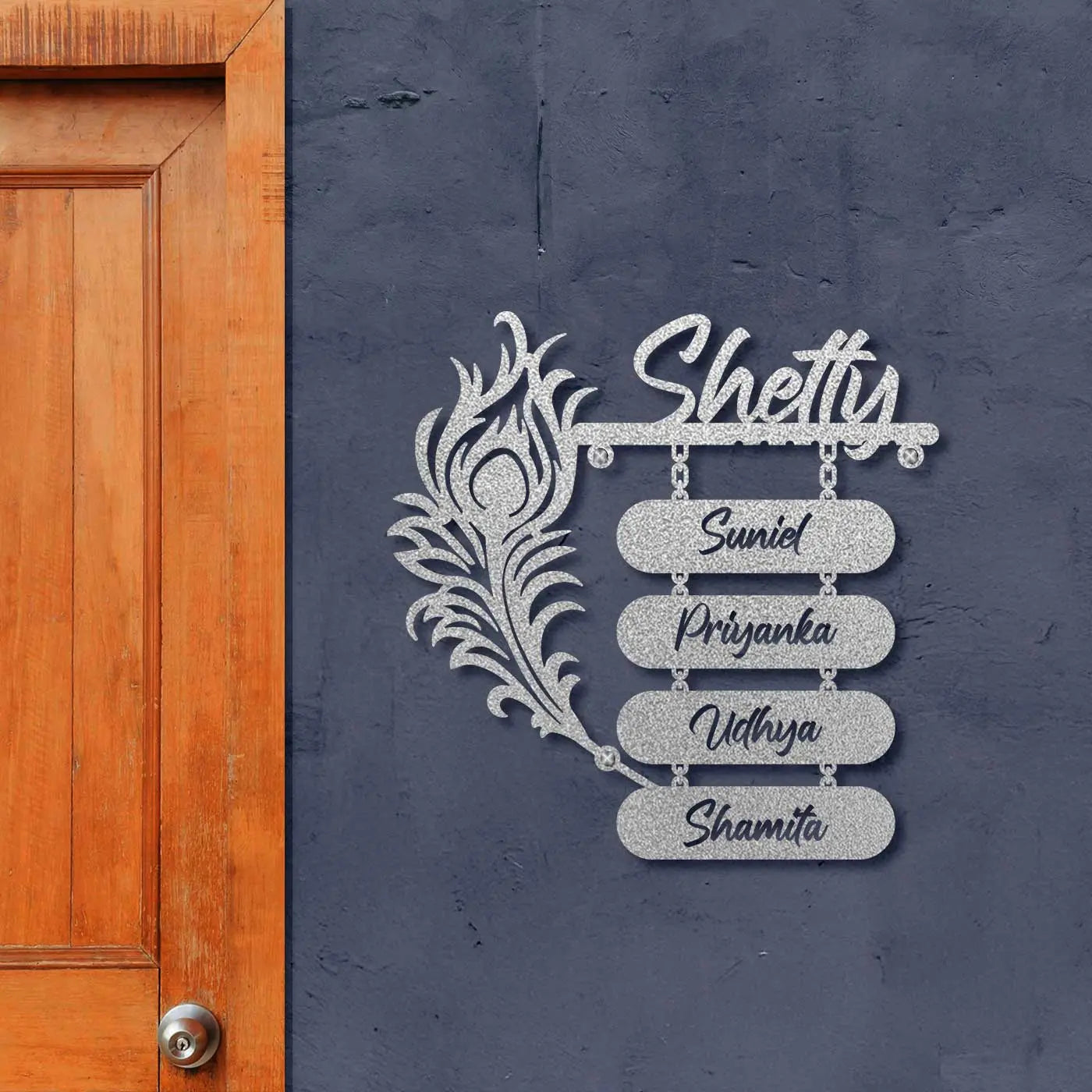 Personalized Laser Cut Peacock Feather Metal Name Plate for Home – Mild Steel - Harshita Craft