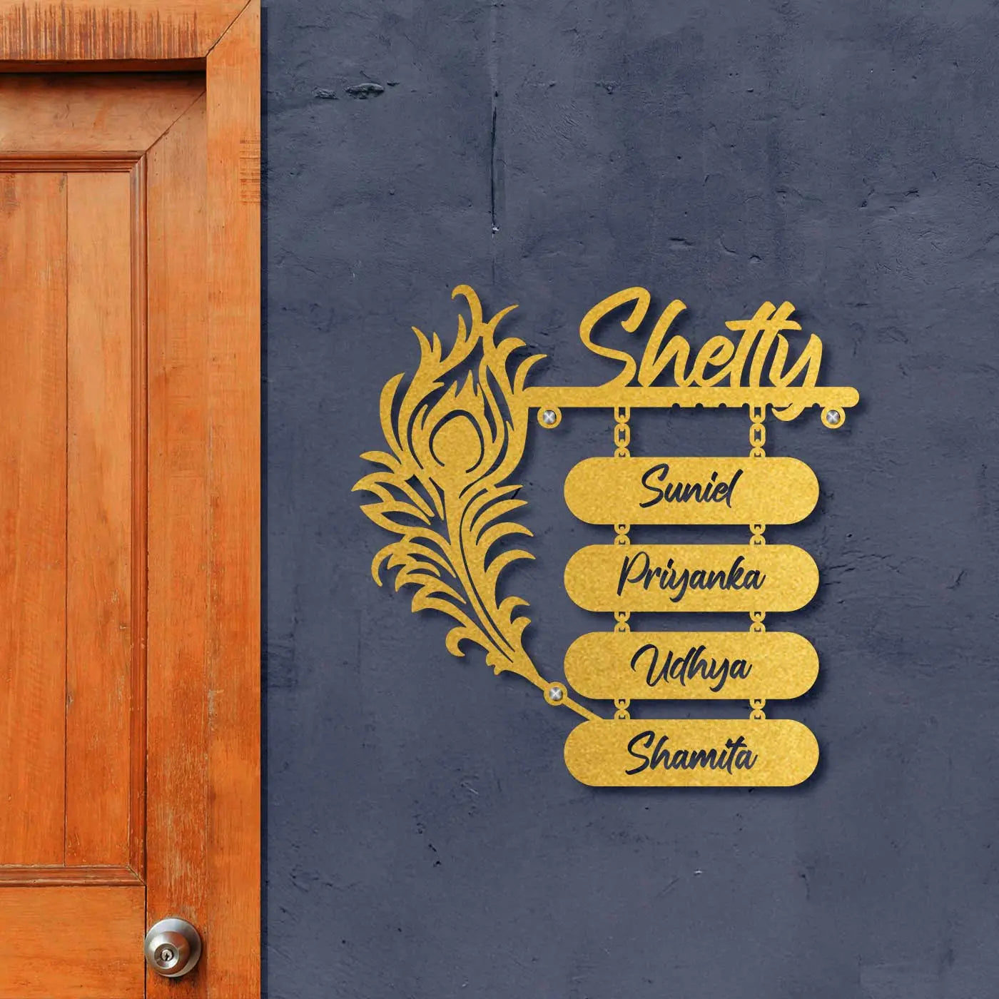 Personalized Laser Cut Peacock Feather Metal Name Plate for Home – Mild Steel - Harshita Craft