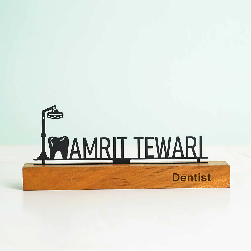 Personalized Minimal Desk Name Plate for Dentists – Metal & Wood - Harshita Craft