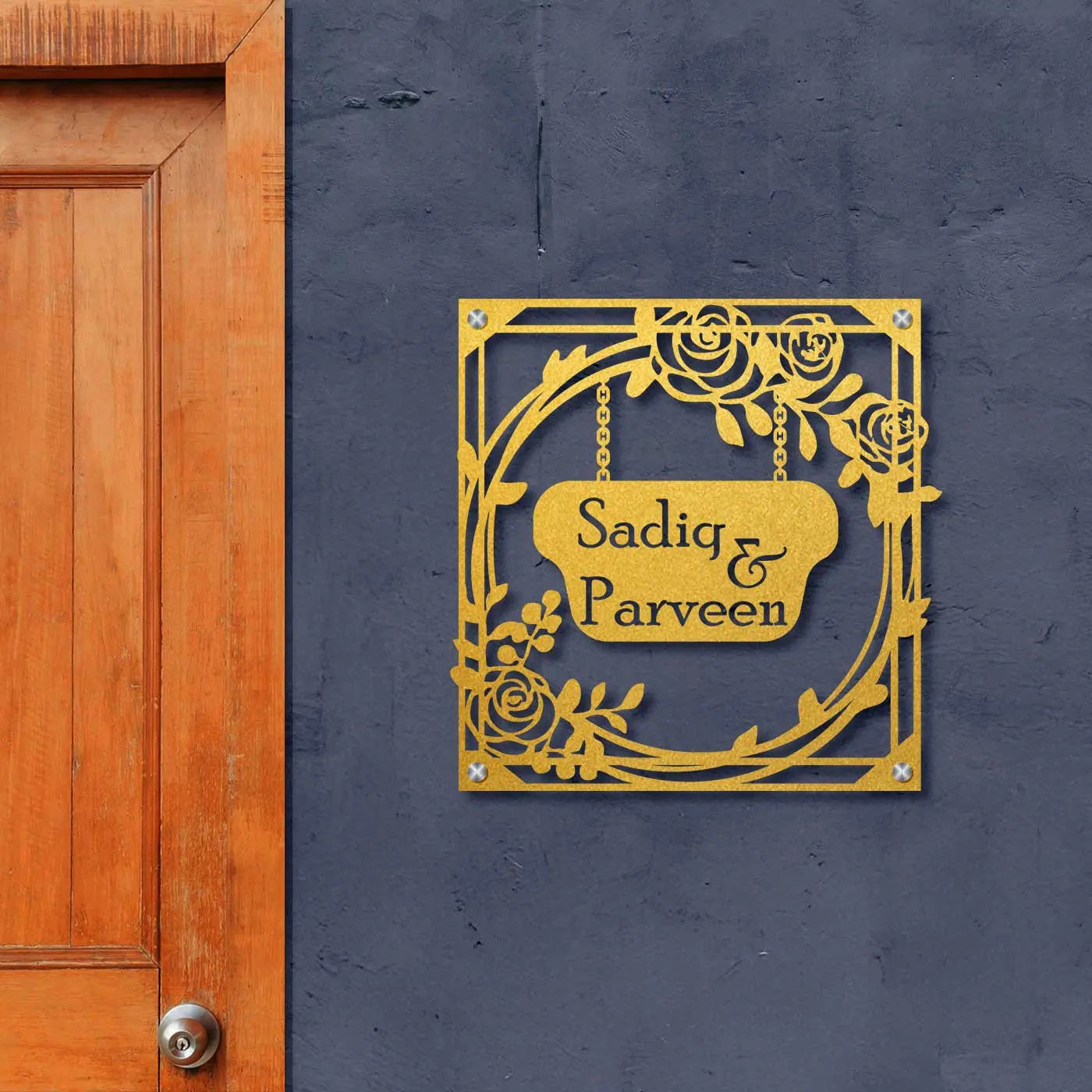Personalized Metal Name Plate for Home – Rose Theme Steel Design - Harshita Craft