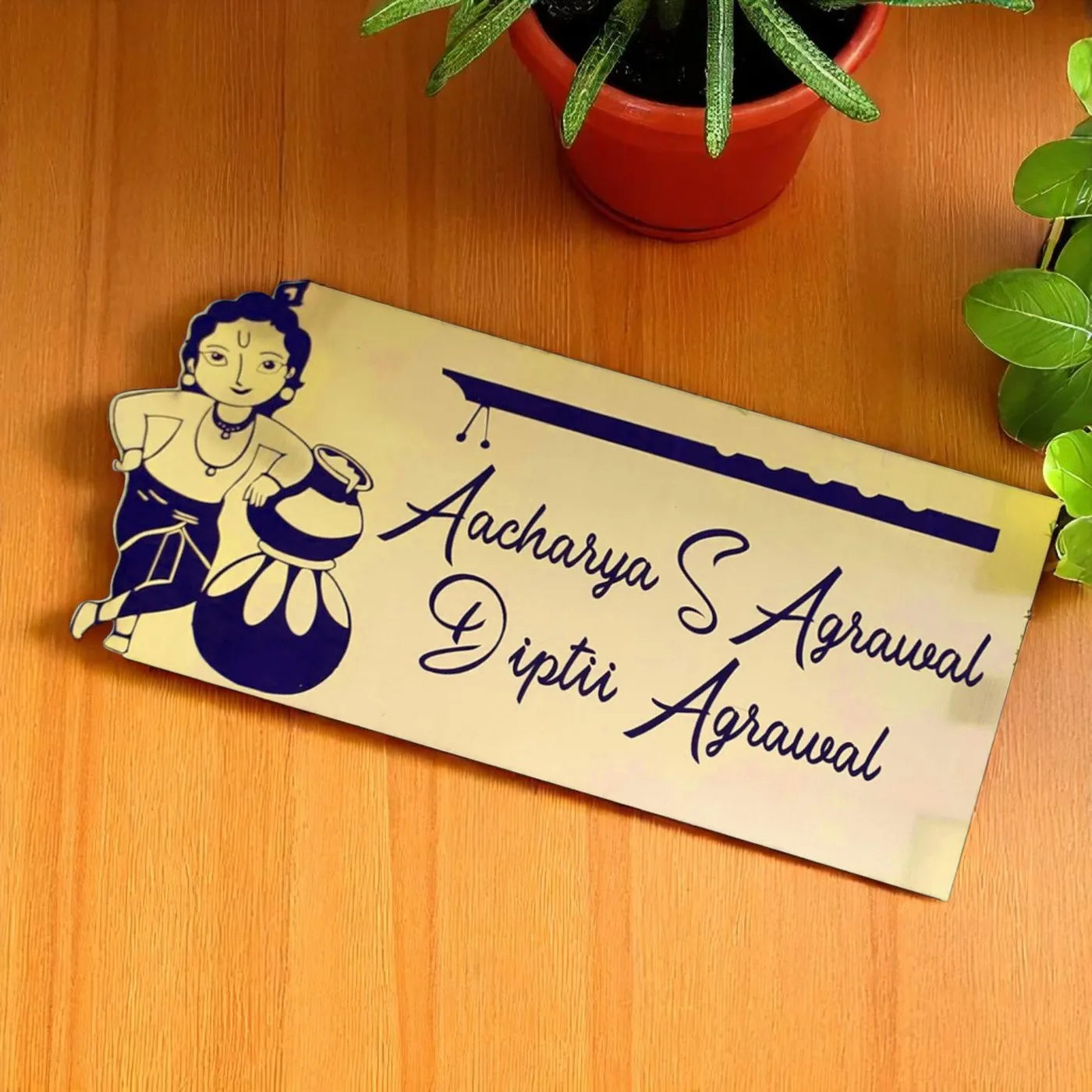 Personalized Metal Name Plate for Home – Krishna Theme Stainless Steel - Harshita Craft