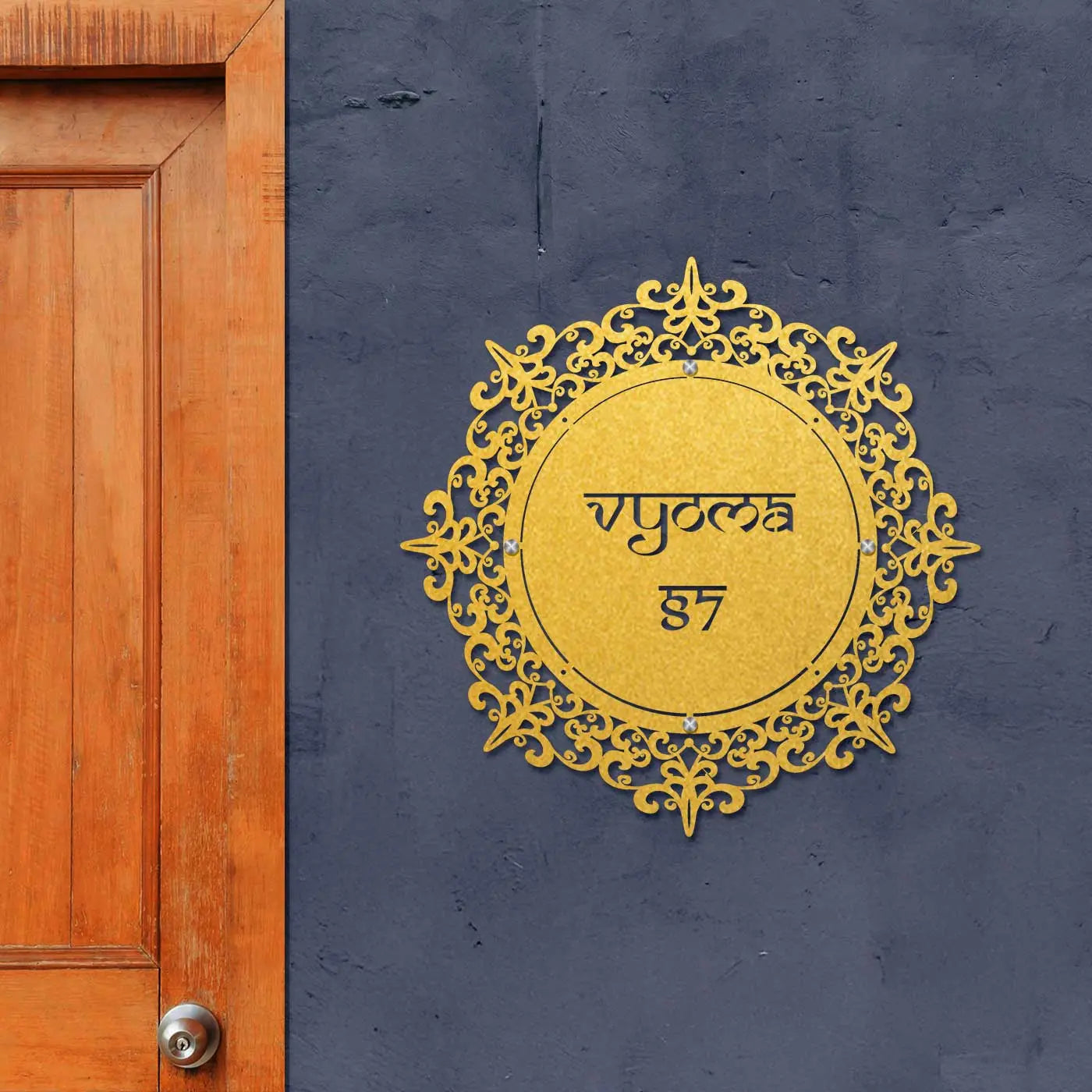 Personalized Laser Cut Round Metal Name Plate for Home - Harshita Craft