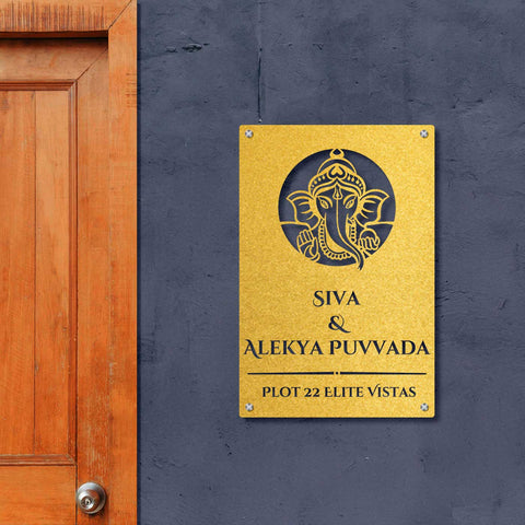 Personalized Laser Cut Ganesha Theme Metal Name Plate for Home – Vertical Steel Name Plate for Entrance & Outdoor
