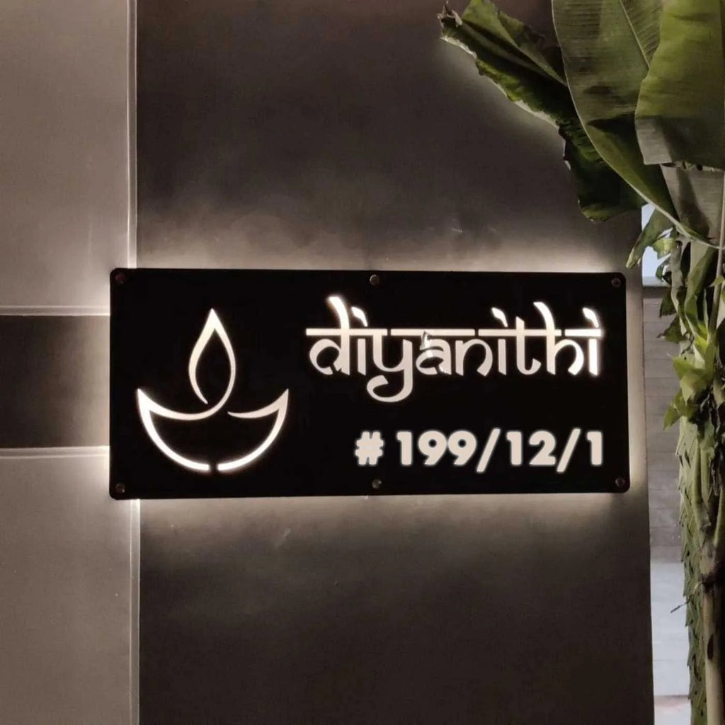 Personalized Waterproof Diya Design Laser Cut Metal LED Name Plate for Home Entrance - Harshita Craft