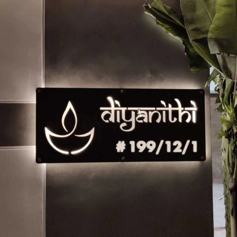 Personalized Waterproof Diya Design Laser Cut Metal LED Name Plate for Home Entrance
