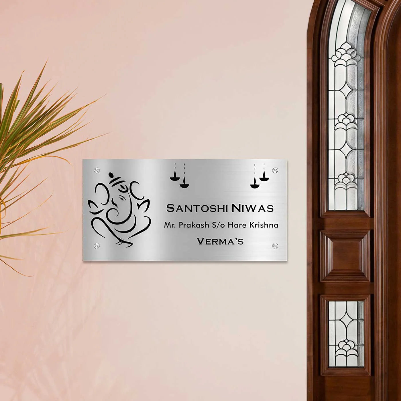 Personalized Ganesha & Diya Stainless Steel Metal Name Plate for Home | Custom Laser-Cut Design - Harshita Craft