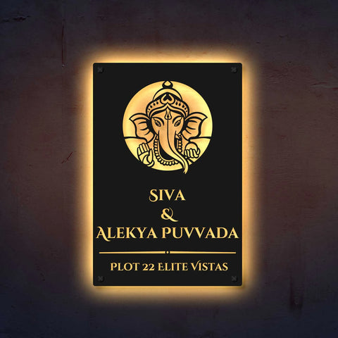 Personalized Laser Cut Ganesha Theme Metal Name Plate for Home – Vertical Steel Name Plate for Entrance & Outdoor