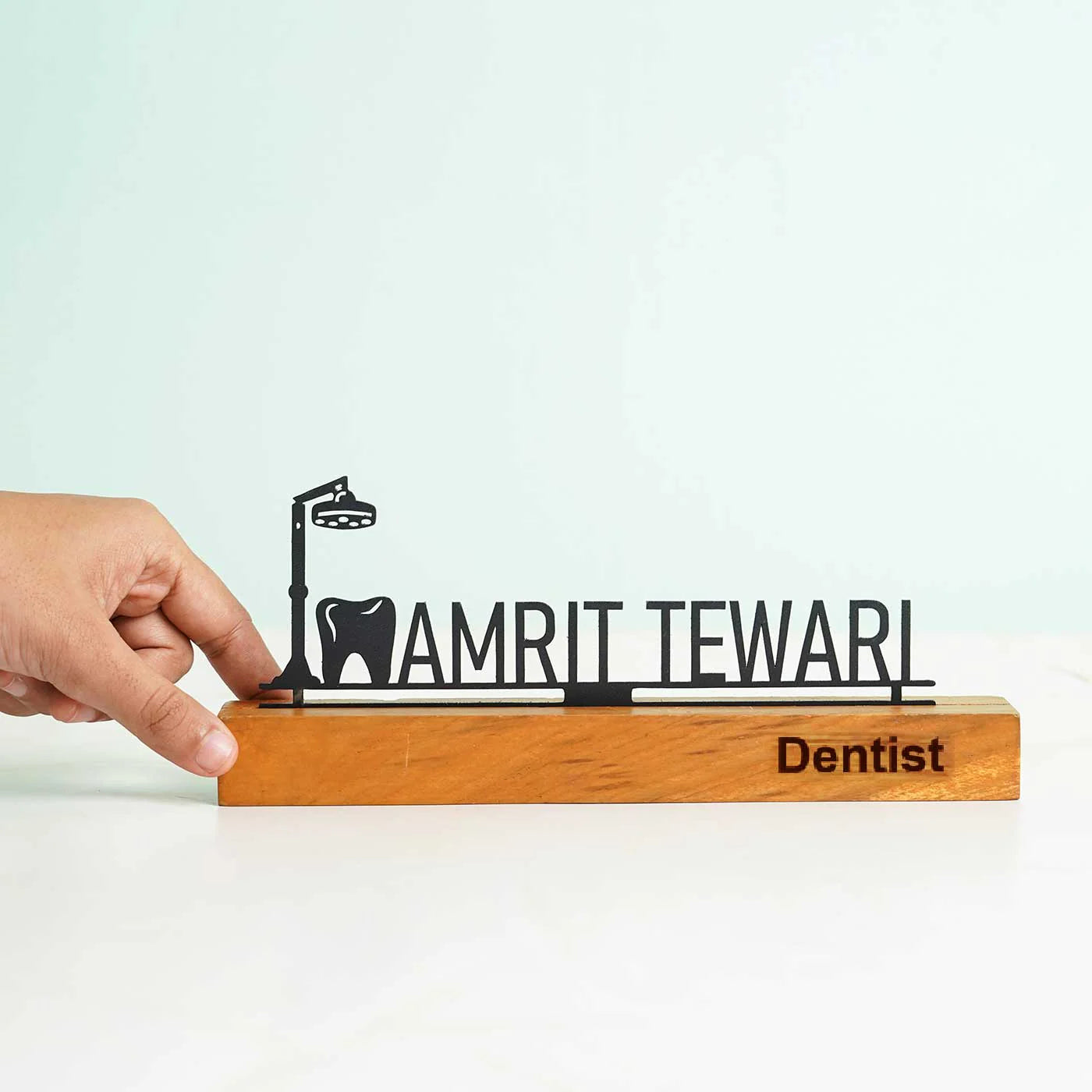 Personalized Minimal Desk Name Plate for Dentists – Metal & Wood - Harshita Craft