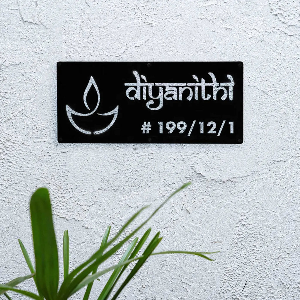 Personalized Waterproof Diya Design Laser Cut Metal LED Name Plate for Home Entrance - Harshita Craft