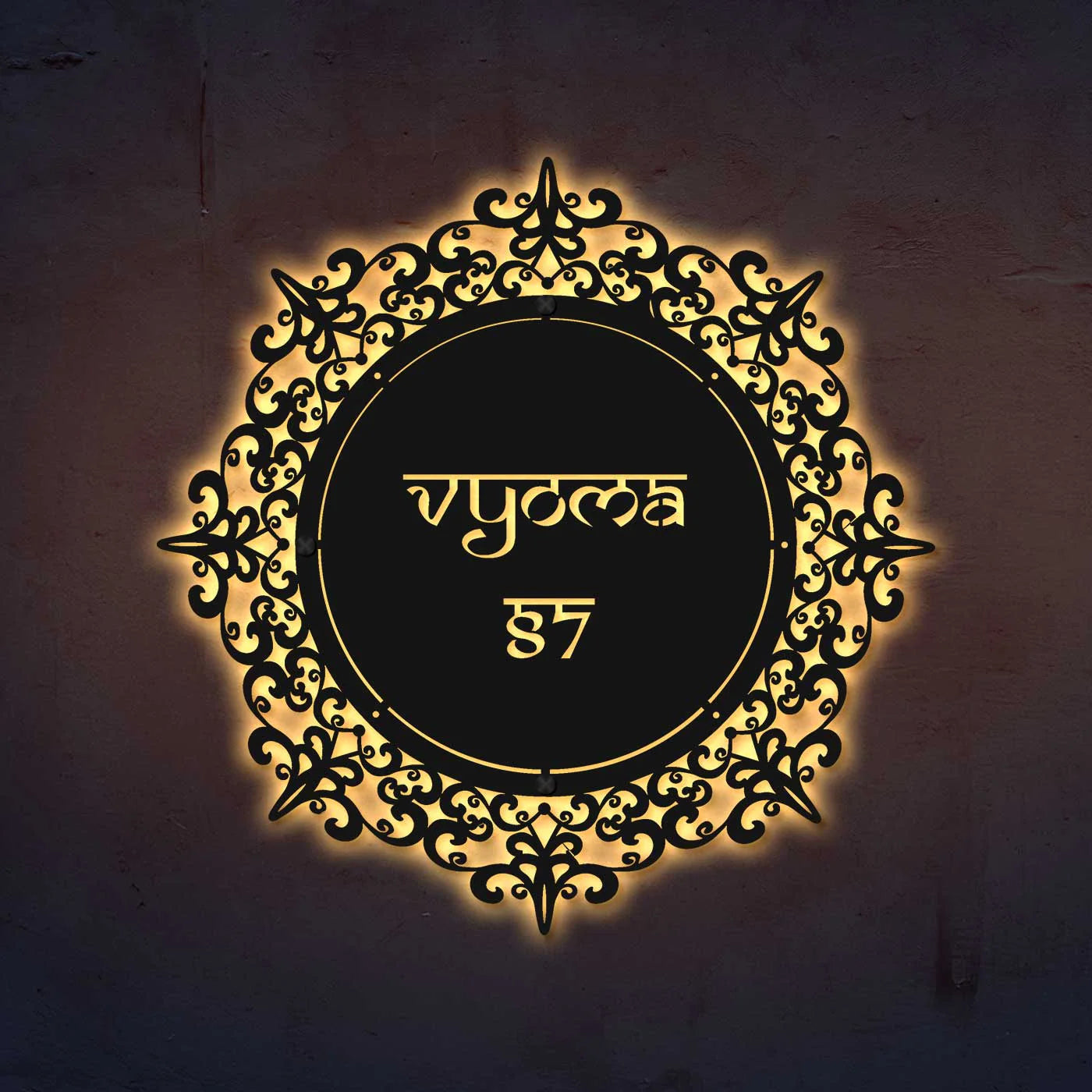 Personalized Laser Cut Round Metal Name Plate for Home - Harshita Craft