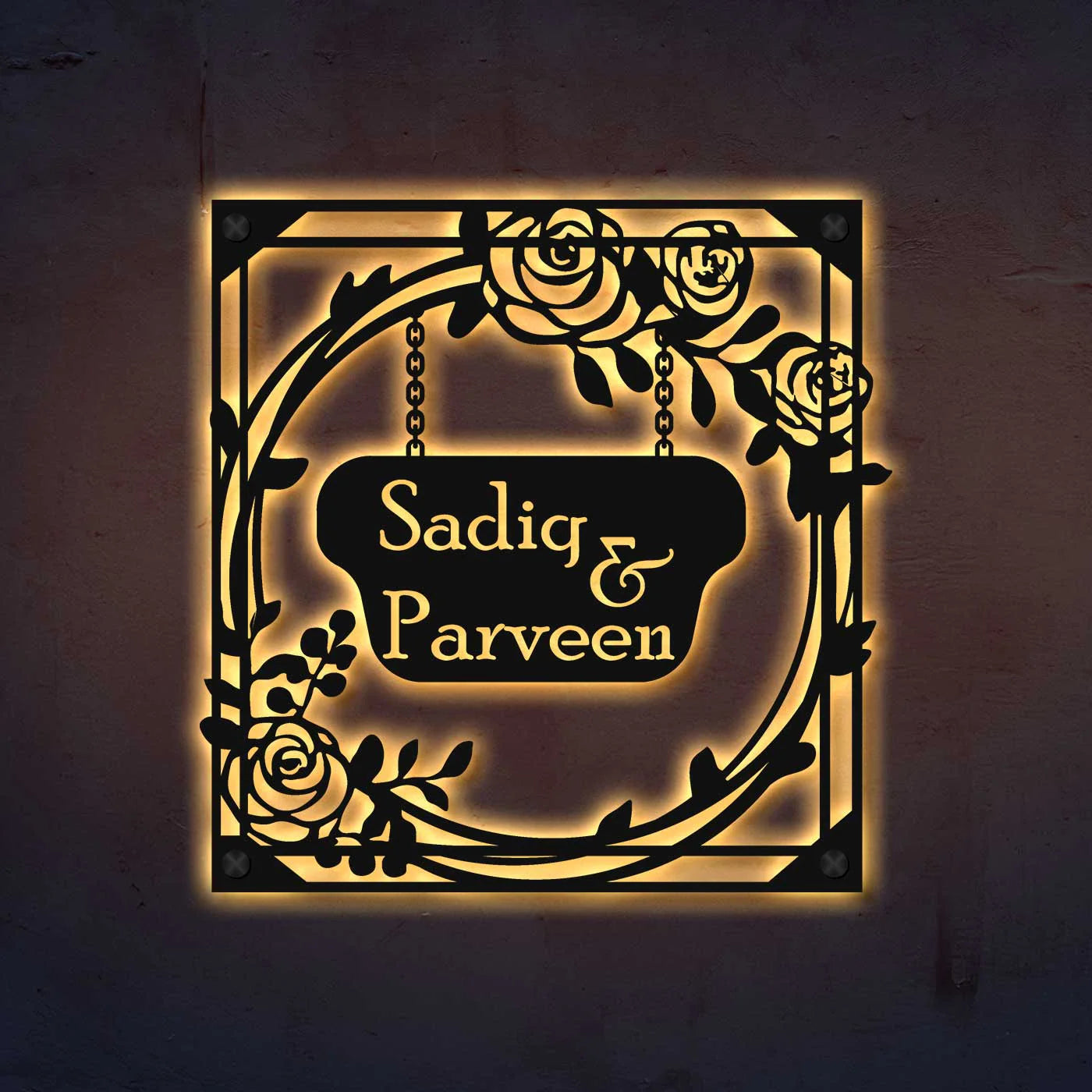Personalized Metal Name Plate for Home – Rose Theme Steel Design - Harshita Craft