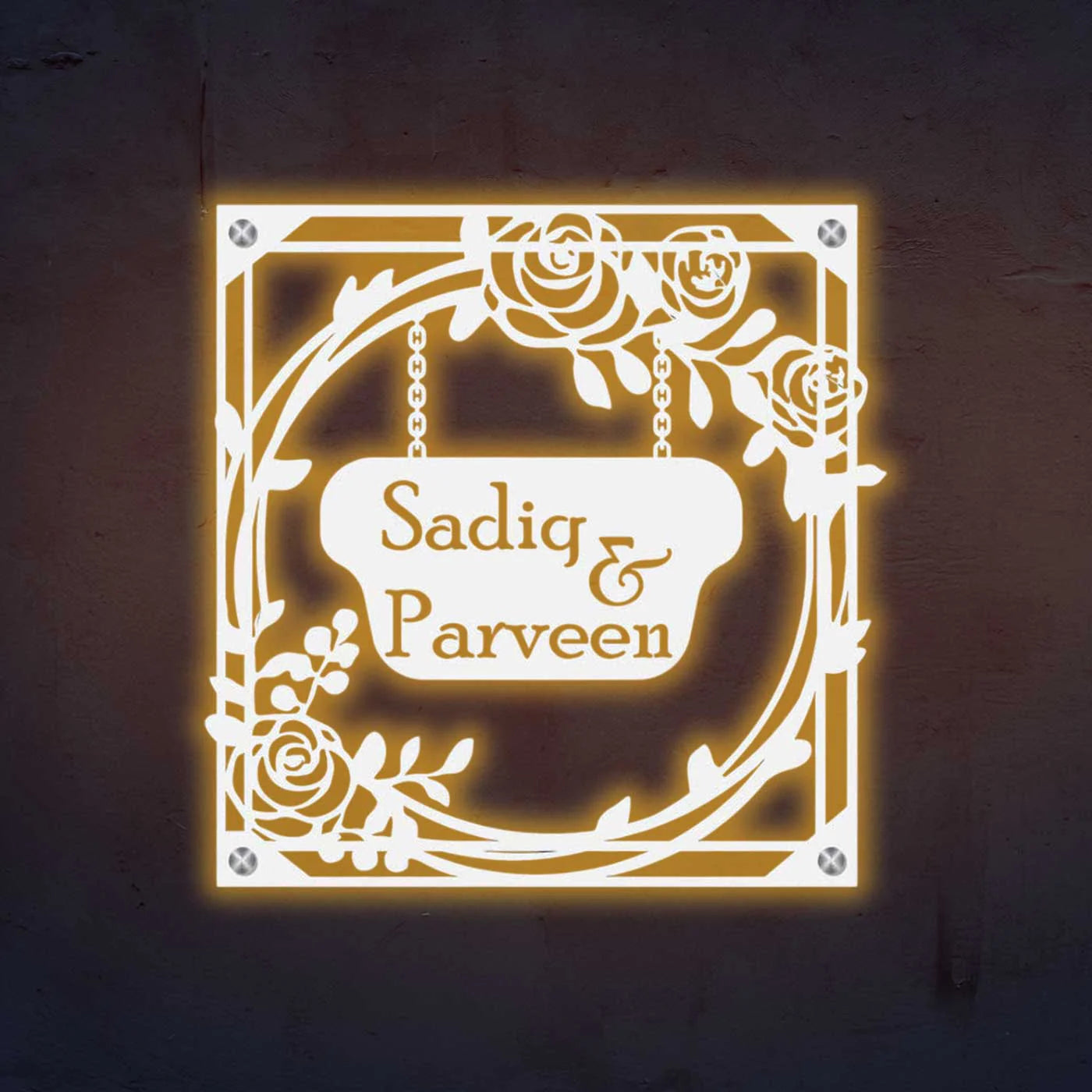 Personalized Metal Name Plate for Home – Rose Theme Steel Design - Harshita Craft