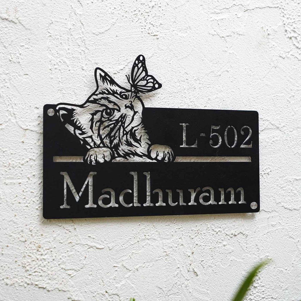 Personalized Cat Theme Metal Name Plate for Home | Weatherproof Design - Harshita Craft