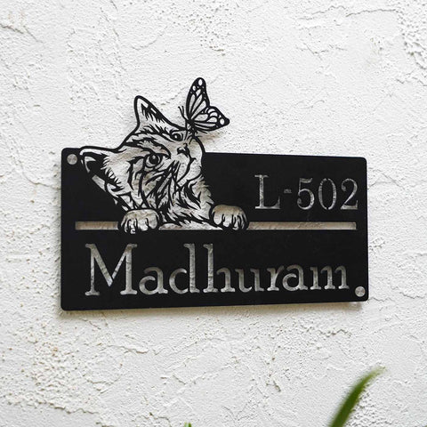 Personalized Cat Theme Metal Name Plate for Home | Weatherproof Design